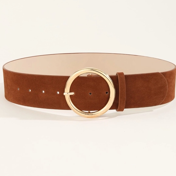Classic Brown Vegan Suede Gold Tone Circle Buckle Belt